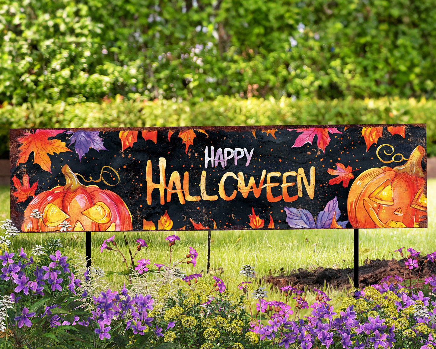 36in Happy Halloween Garden Stake - Watercolor Style Pumpkin - Perfect for Outdoor Decor, Yard Art, Halloween Garden Decorations