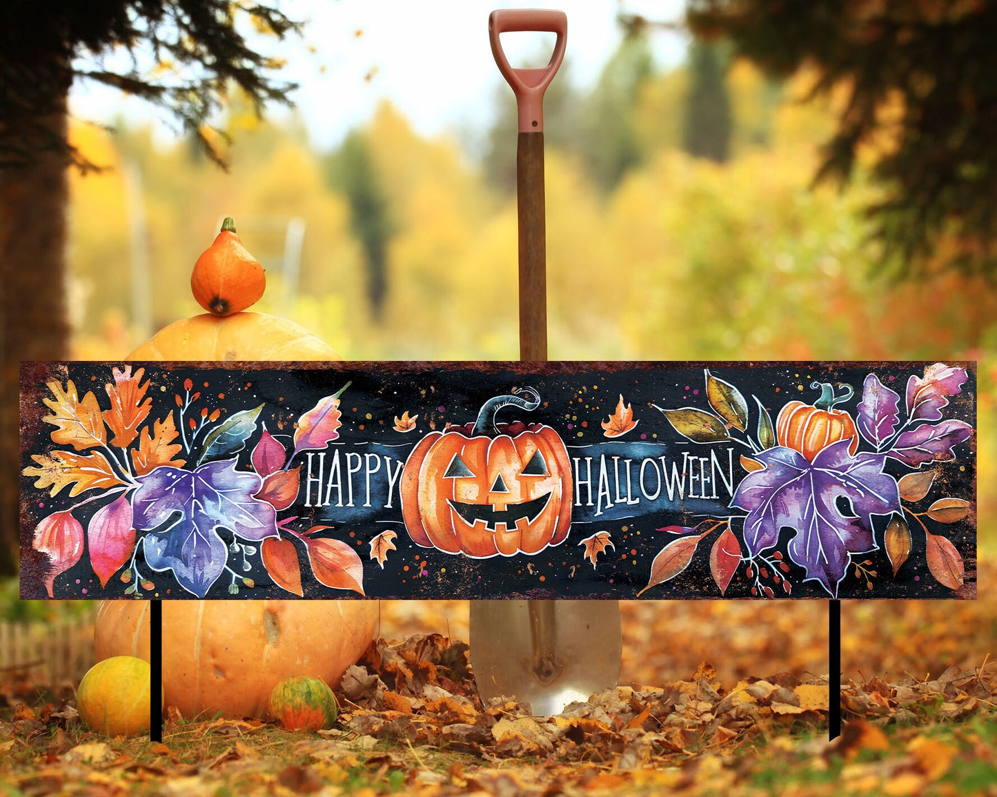 36in Happy Halloween Garden Stake  - Perfect for Outdoor Decor, Yard Art, Halloween Garden Decorations - Watercolor Style Pumpkin