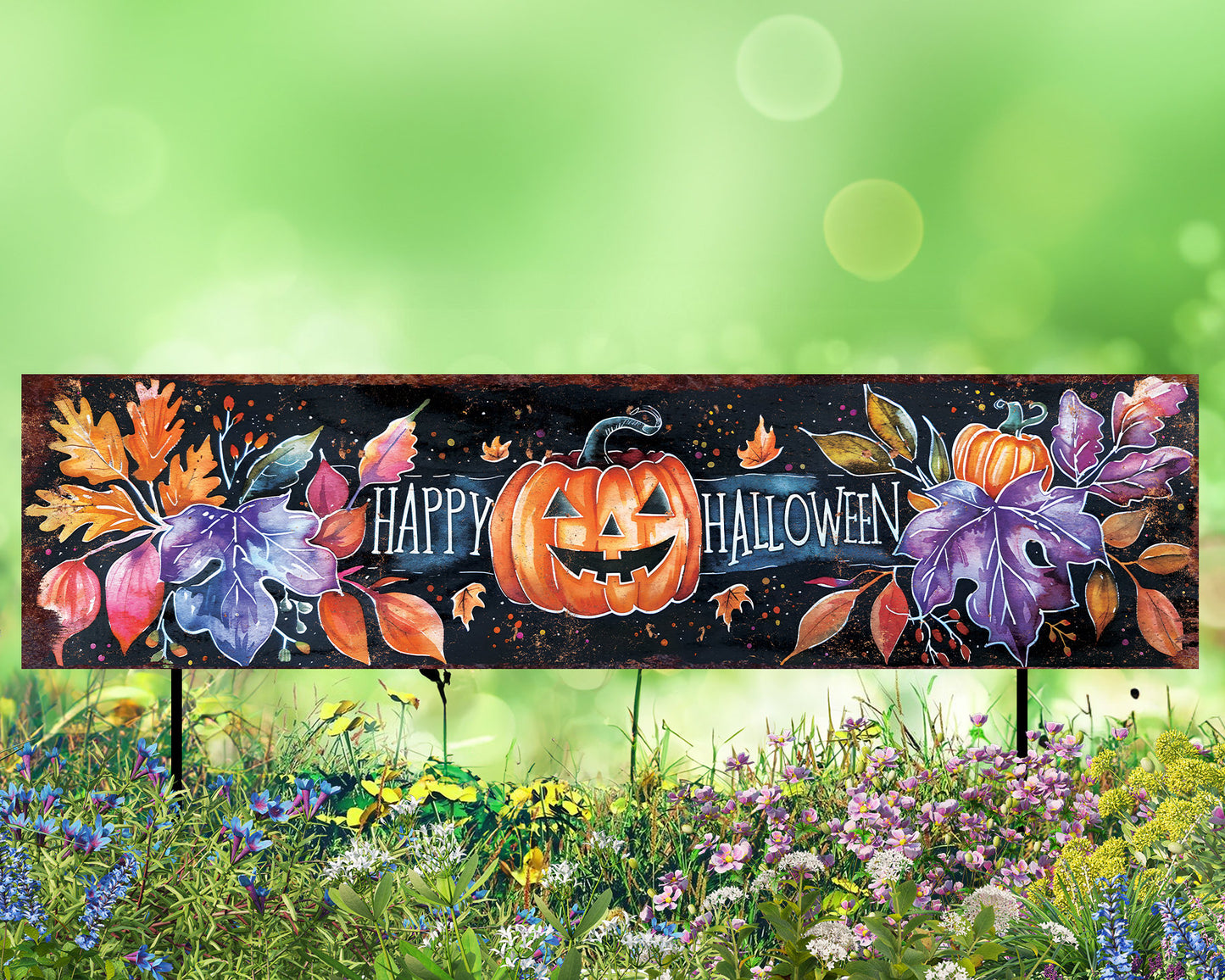 36in Happy Halloween Garden Stake  - Perfect for Outdoor Decor, Yard Art, Halloween Garden Decorations - Watercolor Style Pumpkin