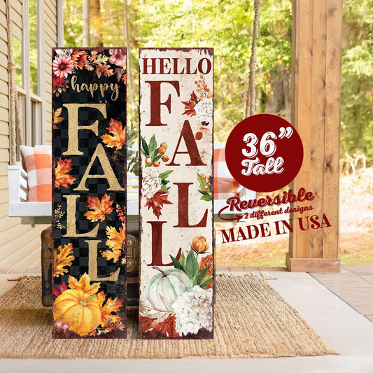 36in Fall Porch Sign - Vintage Autumn Decoration - Rustic Modern Farmhouse Entryway Porch Decor - Reversible with 2 Different Designs
