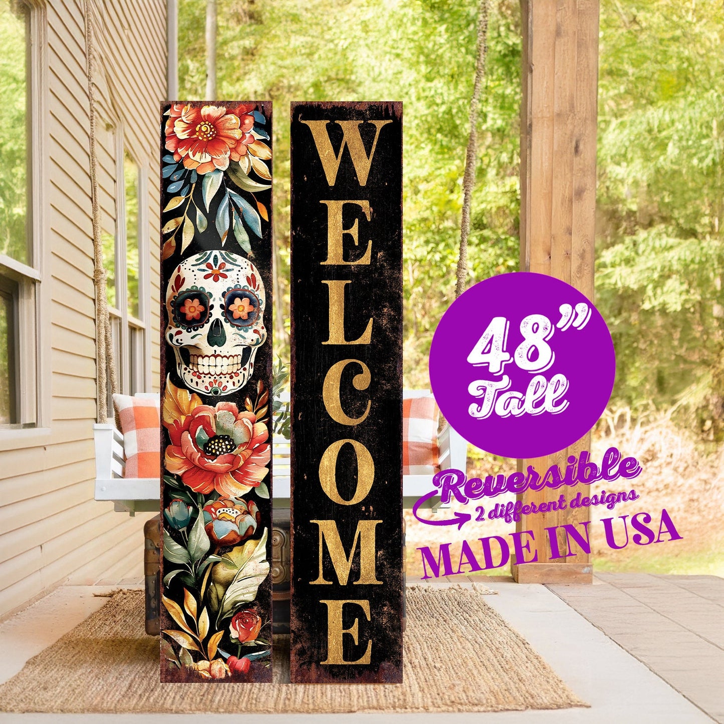 48in Welcome Sign - Dia De Los Muertos Sugar Skull Porch Sign - Vintage Day of the Dead Decoration - Reversible Entryway Porch Art