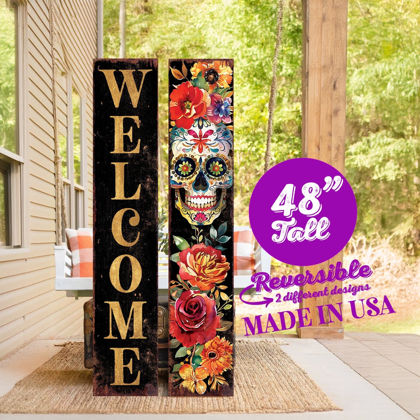 48in Welcome Sign - Dia De Los Muertos Sugar Skull Porch Sign - Vintage Day of the Dead Decoration - Reversible Entryway Porch Leaner