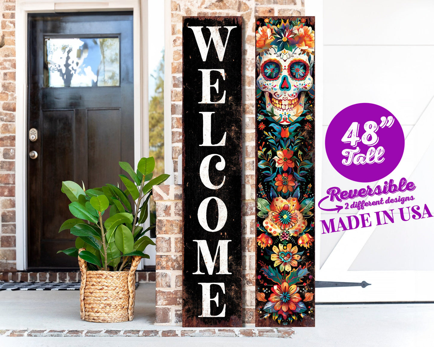 48in Welcome Sign | Dia De Los Muertos Sugar Skull Porch Sign - Vintage Day of the Dead Decoration - Reversible Entryway Porch Leaner