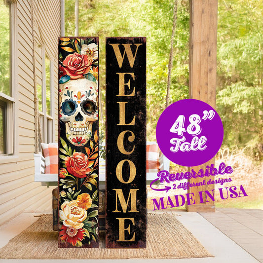 48in Welcome Sign | Dia De Los Muertos Sugar Skull Porch Sign | Vintage Day of the Dead Decoration | Reversible Entryway Porch Decor