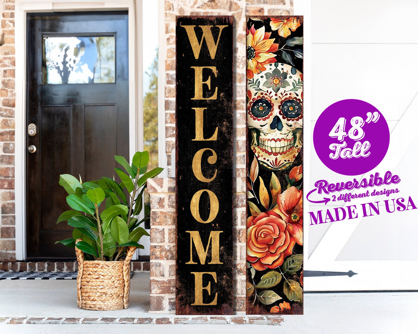 48in Welcome Sign | Dia De Los Muertos Sugar Skull Porch Sign - Vintage Day of the Dead Decoration | Reversible Entryway Porch Decor