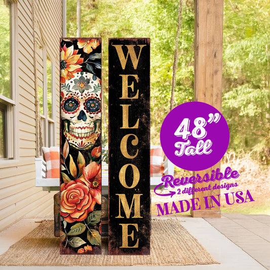48in Welcome Sign | Dia De Los Muertos Sugar Skull Porch Sign - Vintage Day of the Dead Decoration | Reversible Entryway Porch Decor