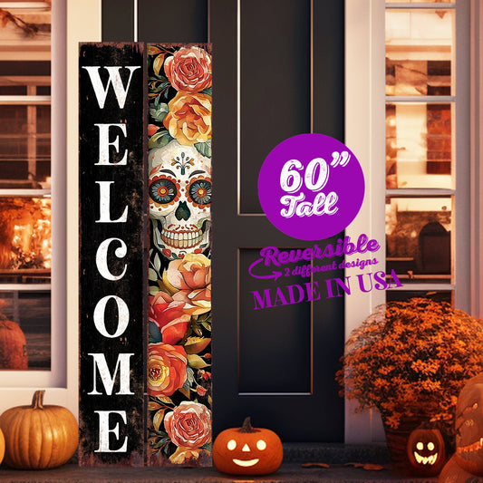 60in Welcome Sign | Dia De Los Muertos Sugar Skull Porch Sign - Vintage Day of the Dead Decoration | Reversible Entryway Porch Decor