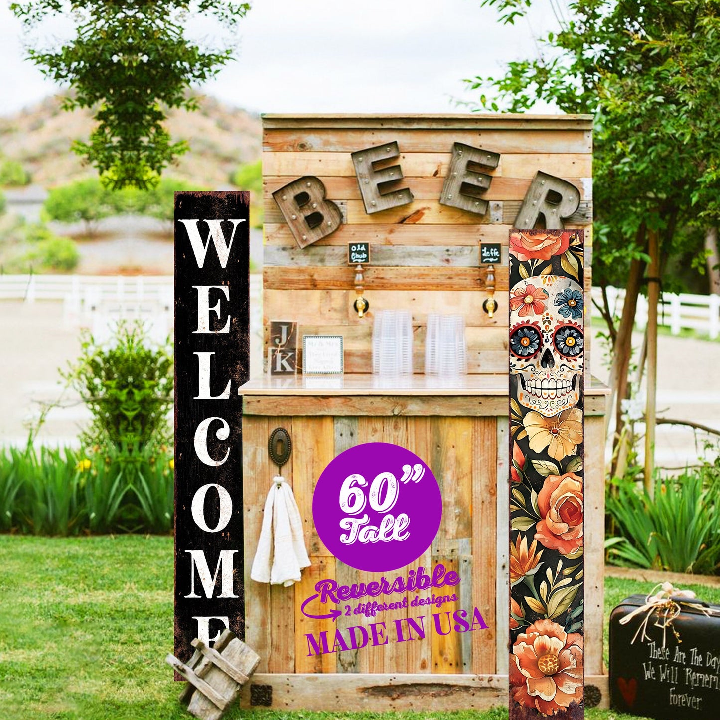 60in Welcome Sign | Dia De Los Muertos Sugar Skull Porch Sign - Vintage Day of the Dead Decoration - Reversible Entryway Porch Decor