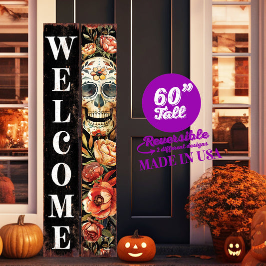 60in Welcome Sign | Dia De Los Muertos Sugar Skull Porch Sign - Vintage Day of the Dead Decoration - Reversible Entryway Porch Decorative