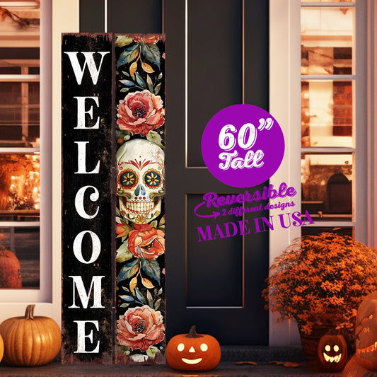 60in Welcome Sign - Dia De Los Muertos Sugar Skull Porch Sign - Vintage Day of the Dead Decoration | Reversible Entryway Porch Board