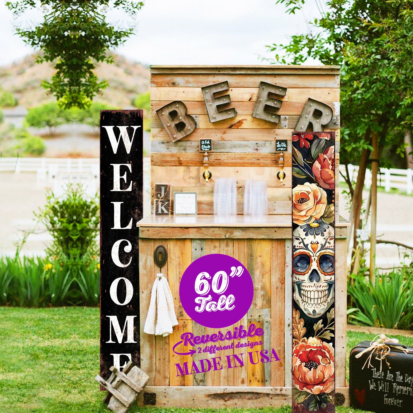60in Welcome Sign - Dia De Los Muertos Sugar Skull Porch Sign | Vintage Day of the Dead Decoration | Reversible Entryway Porch Board