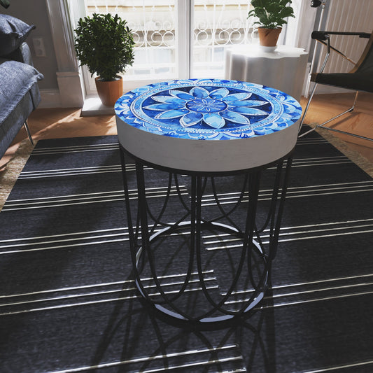 Moroccan Blue Tiles Accent Table | Farmhouse Style Round End Table | Outdoor Side Table 14in Dia 17in High ï½ Wood and Metal Construction
