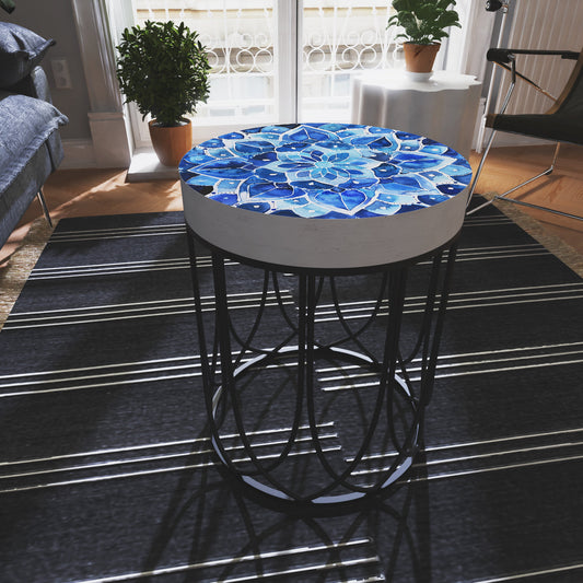 Moroccan Blue Tiles Accent Table | Farmhouse Style Round End Table | Outdoor Side Table 14in Dia 17in High  Wood and Metal Construction