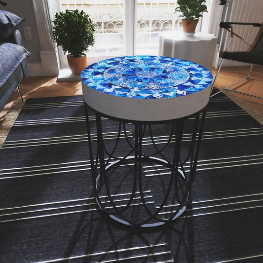 Moroccan Blue Tiles Accent Table _ Farmhouse Style _ Round End Table _ Outdoor Side Table 14in Dia 17in High  Wood and Metal Construction