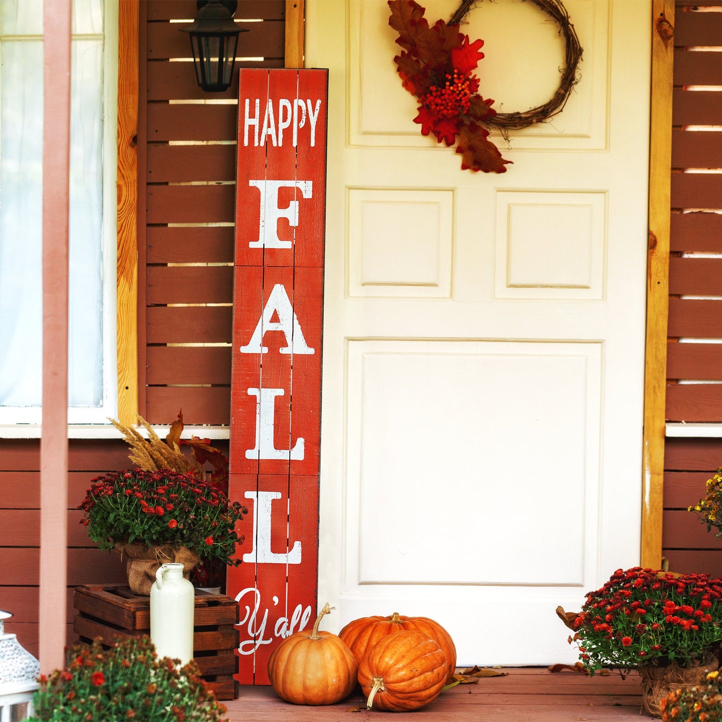 72in Outdoor Happy Fall Y'all Rustic Craft Porch Sign for Front Door, 6ft Vertical Wooden Welcome Sign for Front Porch