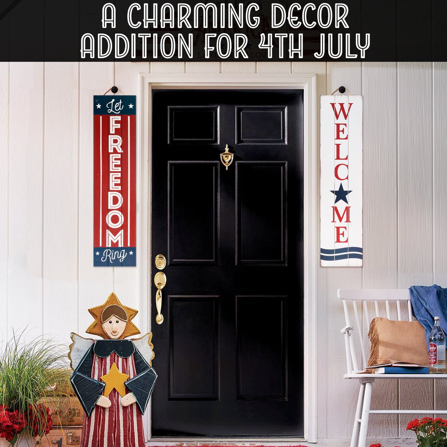 Americana Welcome Sign for Front Door| Memorial Decorations for Outdoor | 36in Rustic Wooden 4th of July Welcome Sign for Front Porch