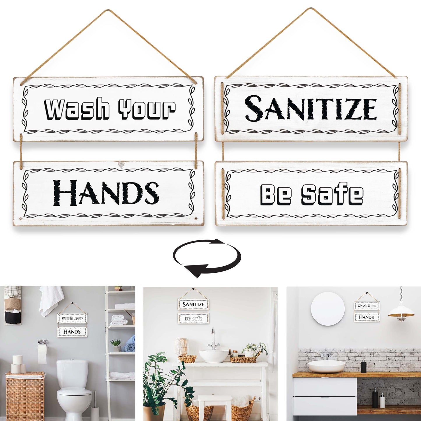 Wash Your Hands Wall Decor Sign, Reversible Farmhouse Sign for Living Romm/ Bathroom