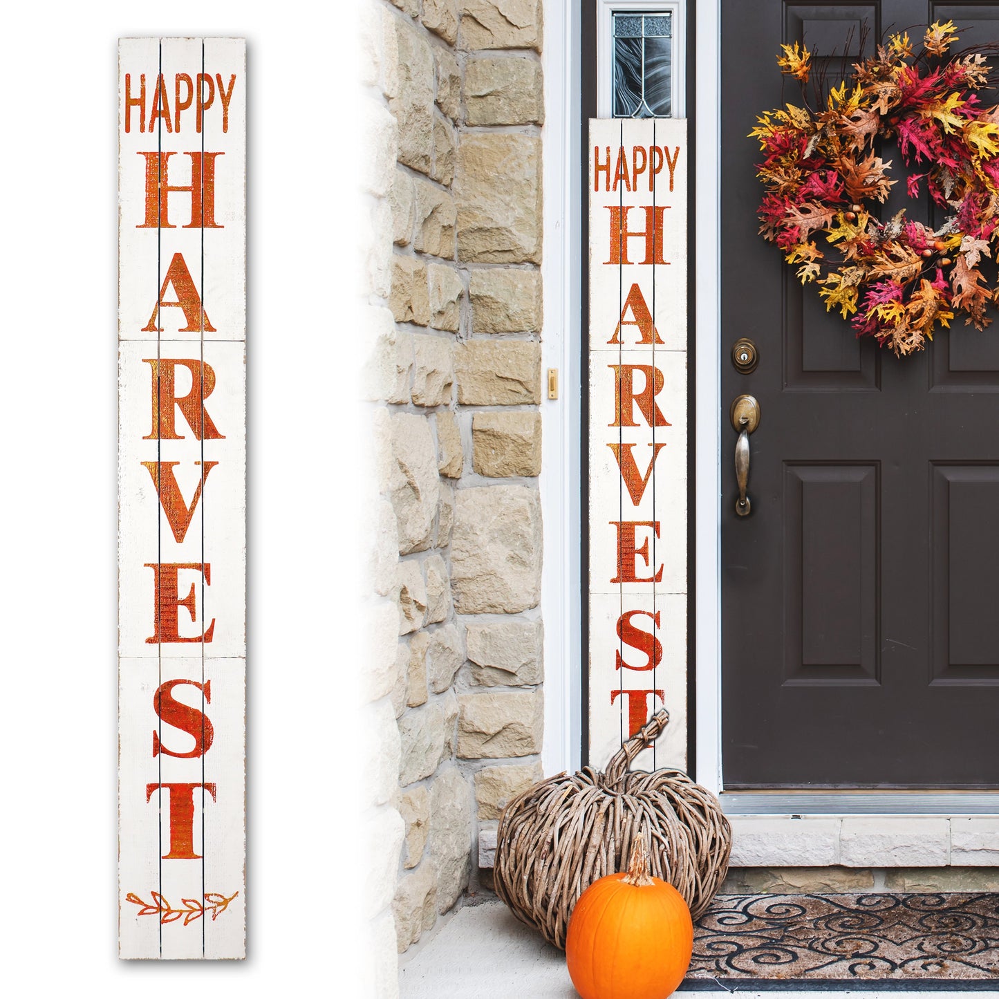 72in Fall 'Happy Harvest' Rustic Porch Sign for Front Door - Vertical Wooden Welcome Sign for Front Porch