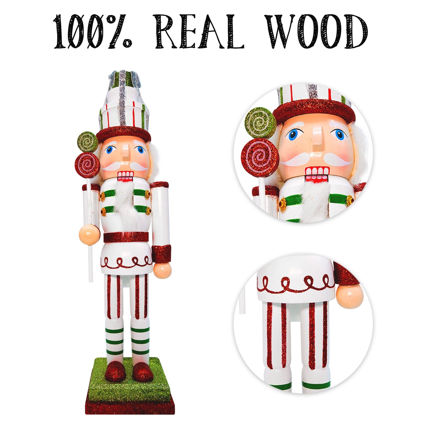 14-inch Wooden Nutcrackers Christmas Decoration Figures (Green-Candy Cane Solider)