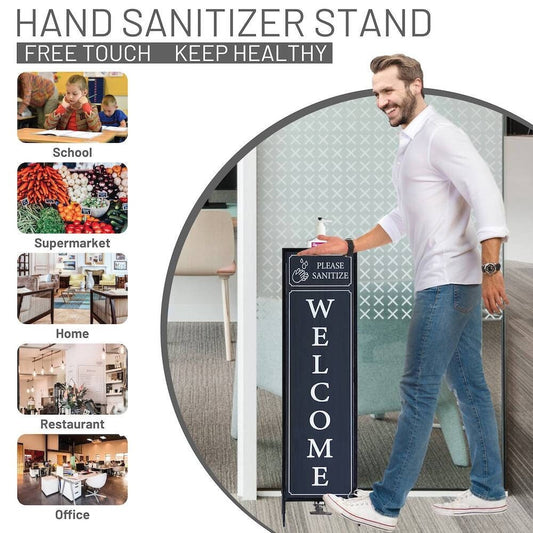 Welcome Sign with Floor Standing Foot Pedal Hand Sanitizer Dispenser Stand 48-Inch (Black)