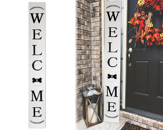 72in Outdoor Welcome Sign for Front Door with Dog Bone Paw, 6ft White Welcome Sign,Rustic Tall Welcome Sign for Front Porch Decor