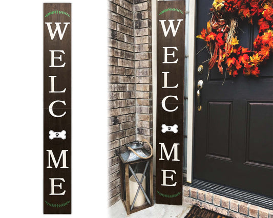 72in Outdoor Welcome Sign for Front Door with Dog Bone Paw, 6ft Brown Welcome Sign,Rustic Tall Welcome Sign for Front Porch Decor