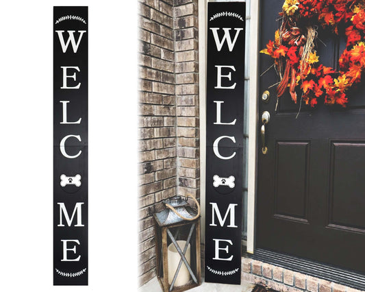 72in Outdoor Welcome Sign for Front Door with Dog Bone Paw, 6ft Black Welcome Sign,Rustic Fun Door Sign for Front Porch Decor