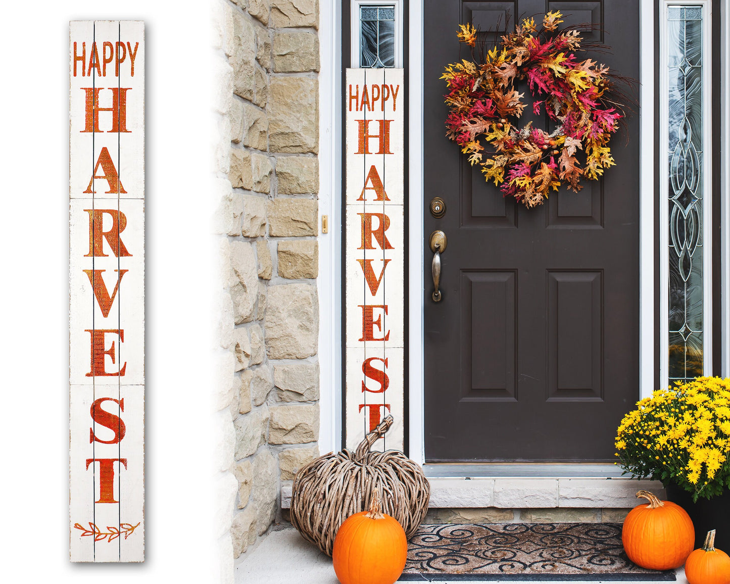 72in Outdoor Happy Harvest Rustic Craft Porch Sign for Front Door, 6ft Vertical Wooden Welcome Sign for Front Porch