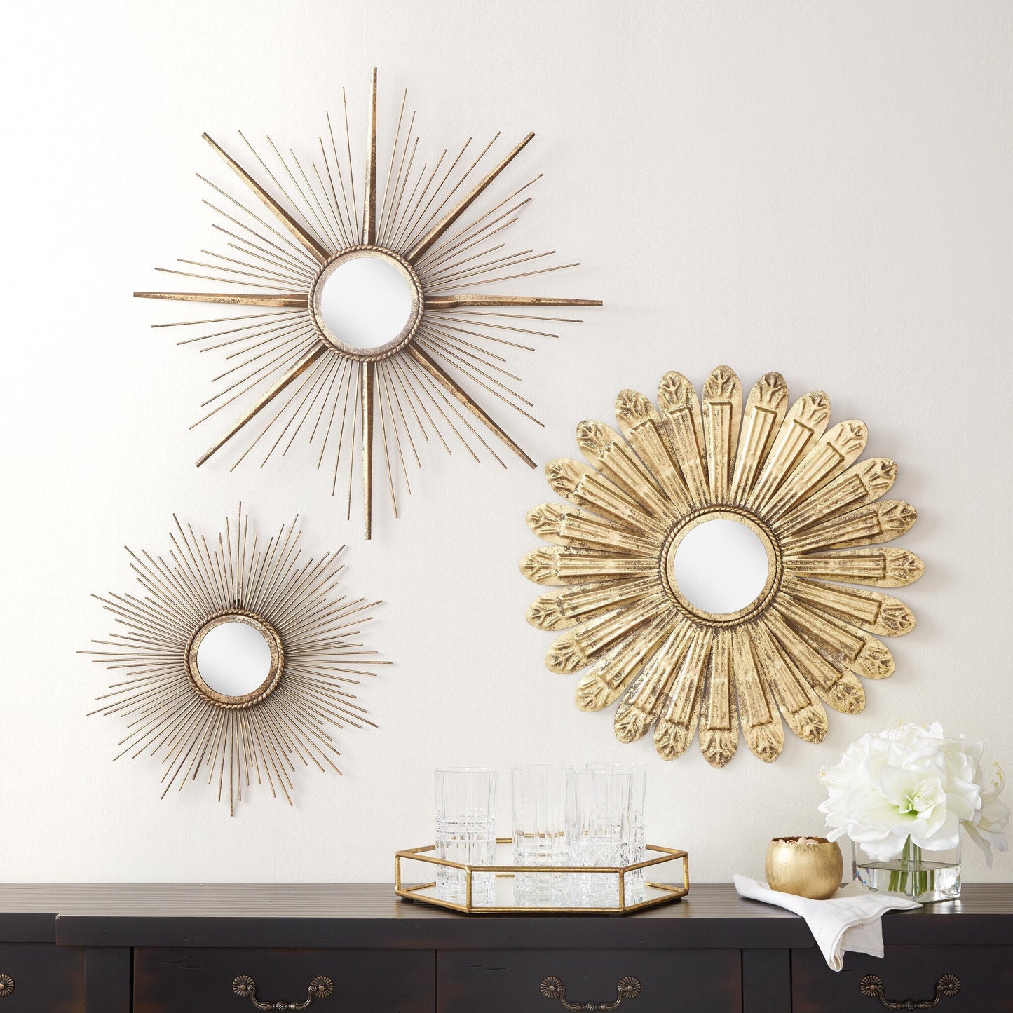 Sunburst Metal Wall Mirror Set of 3, Wall Mirrors for Room Decor & Home Dcor, Mirrors Sets Wall Dcor, Decorative Wall Mirrors Collection