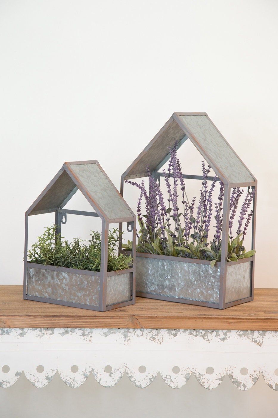Set of 2 Metal House Shaped Planters, Rustic Home Decor