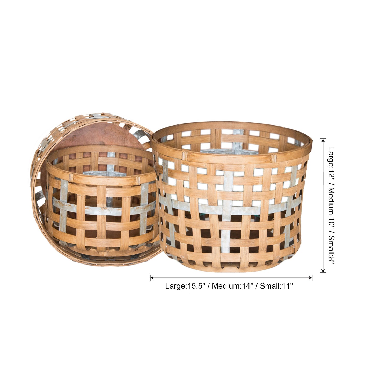 Set of 3 Woven Storage Baskets with Metal Decor Band
