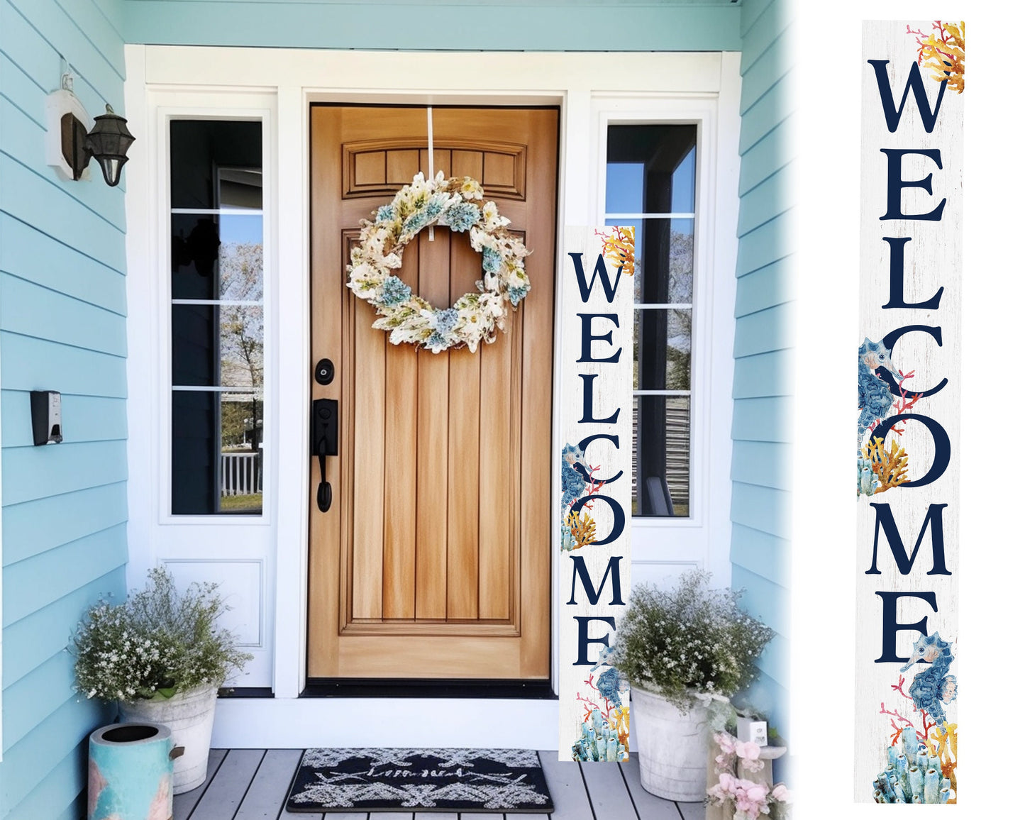 72in Summer Welcome Outdoor Sign with Seahorse Design | Front Door Porch Decor | Coastal Welcome Sign | Summer Farmhouse Home Decorations