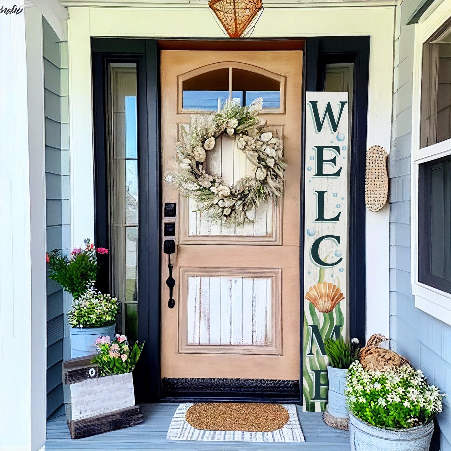 72in Outdoor Coastal "Welcome" Sign with Shell Pattern - Large Summer Front Door Porch Decor for Farmhouse Home Decorations