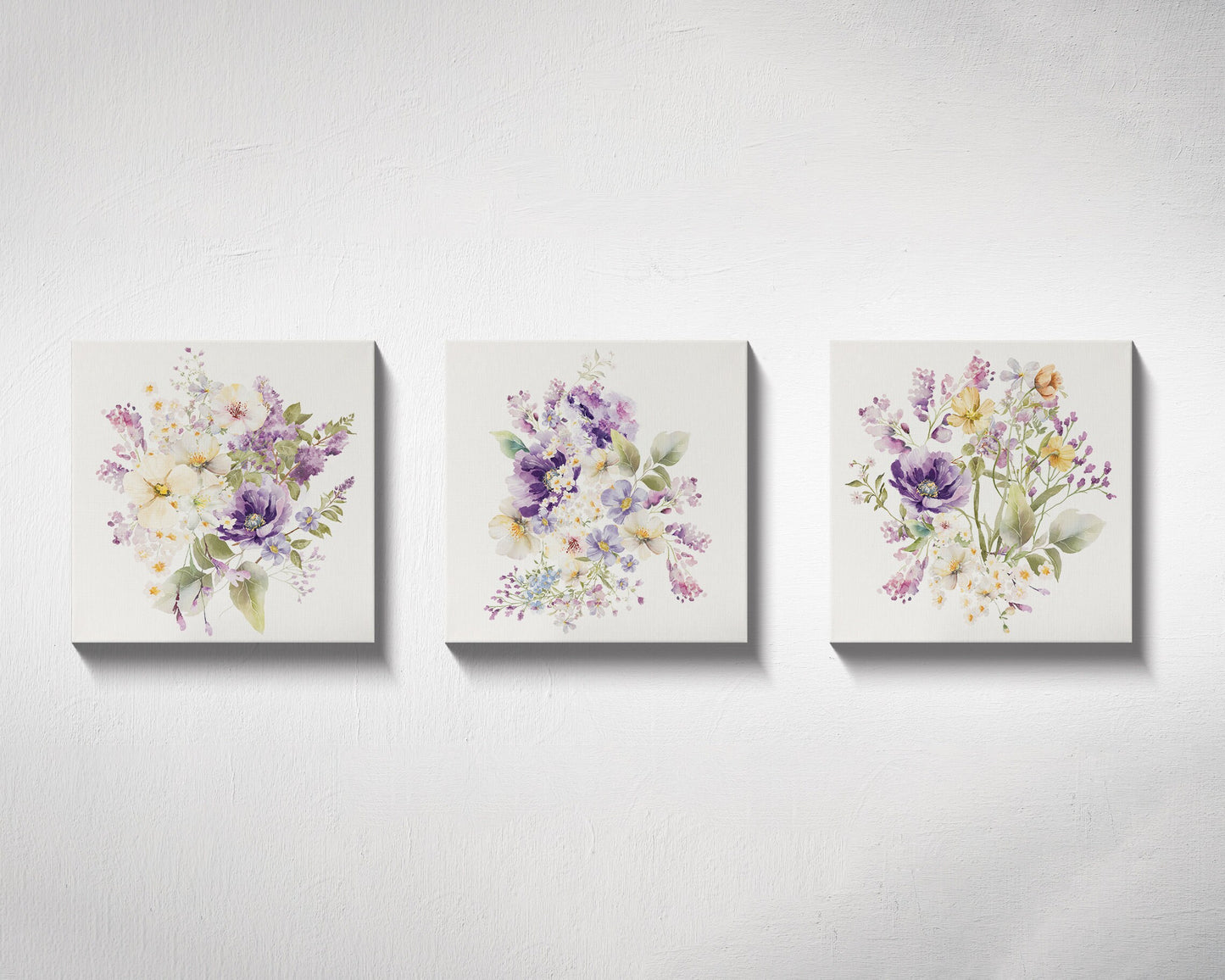 12in Spring Floral Paint Set of 3 - Watercolor Spring Flowers, Purple Watercolor Flowers Paint Wall Art