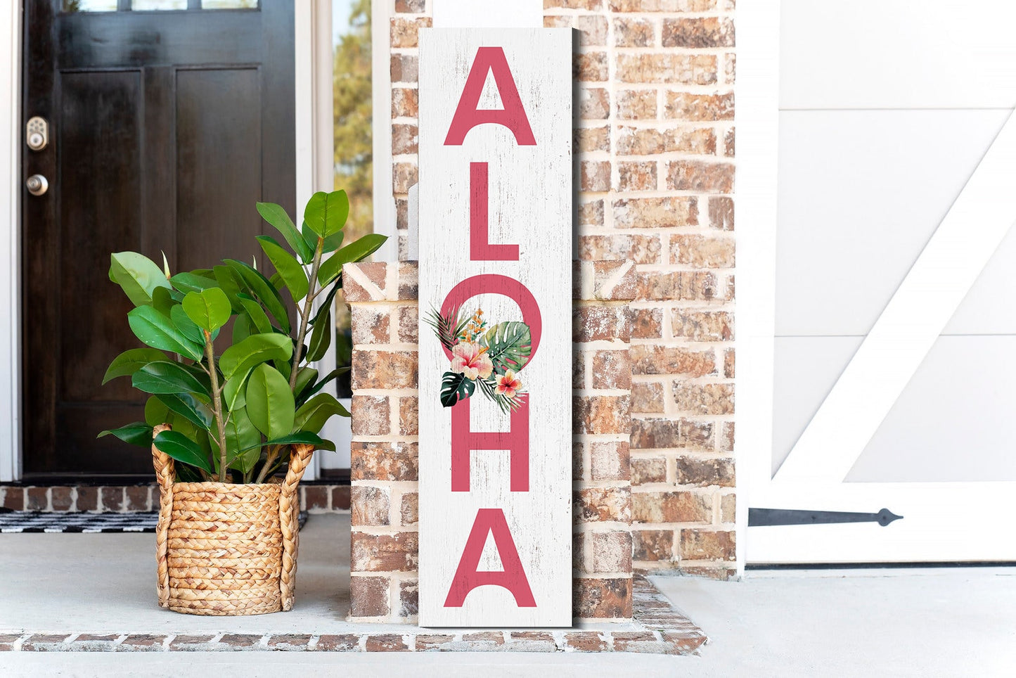 36in Aloha Porch Sign with Tropical Floral Pattern for Front Door - Summer Welcome Sign, Charming Front Porch Decor, Home Decor Wood Sign