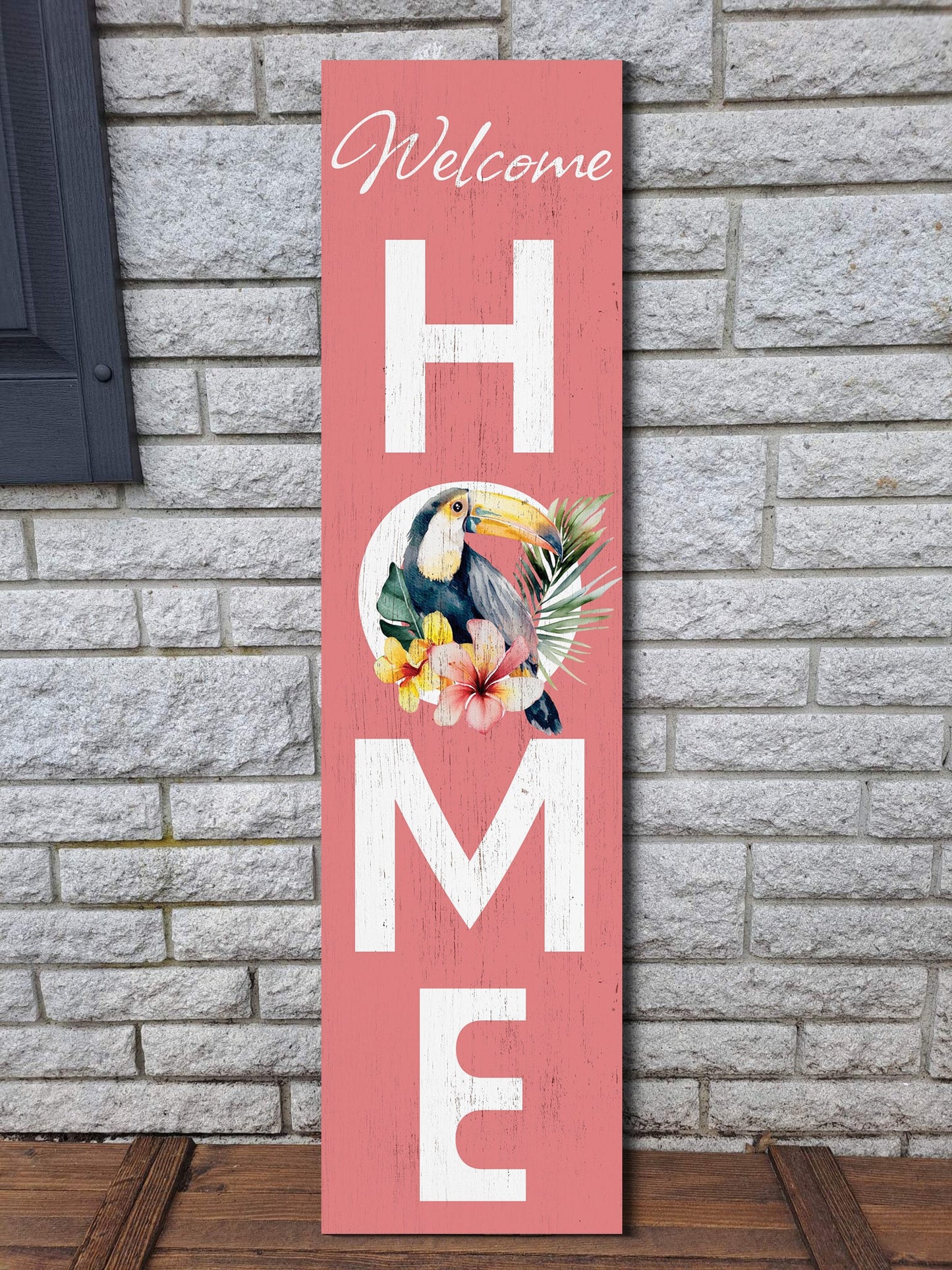 36in Welcome Home Porch Sign with Ramphastidae Pattern - Front Door Tropical Wooden Wall Decor, Outdoor Summer Jungle Vibes Display