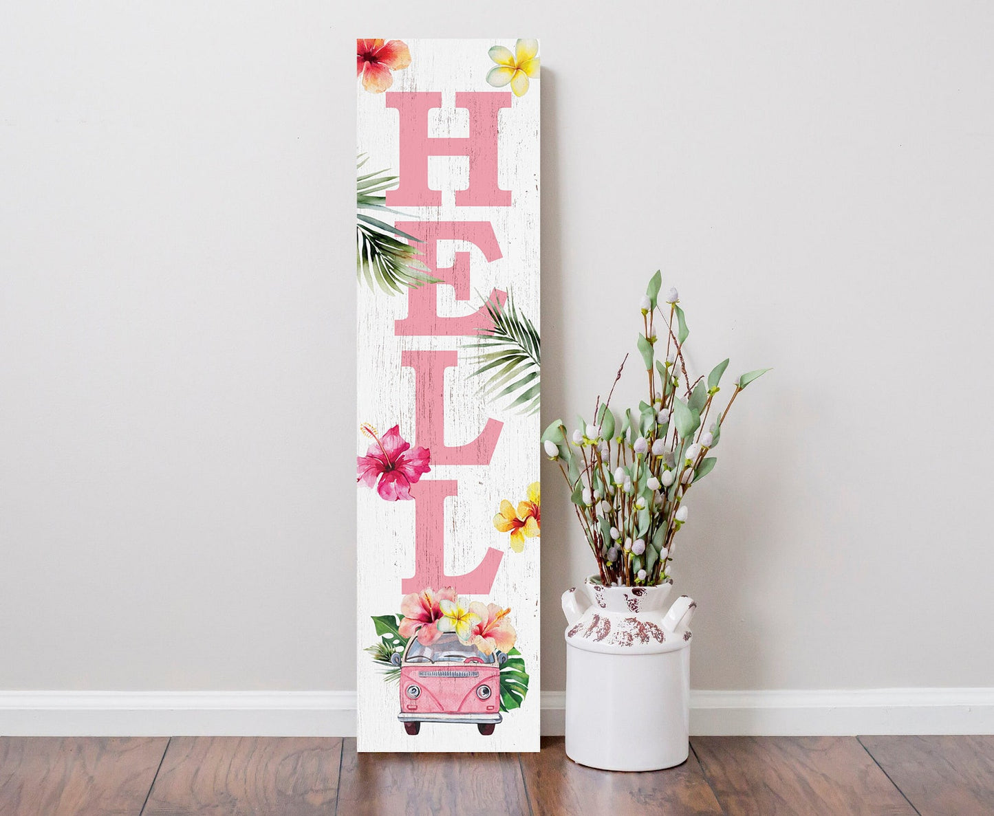 36in Tropical Hello Porch Sign with Floral Bus Pattern for Front Door, Wooden 36-inch Summer Welcome Display, Front Porch Decor