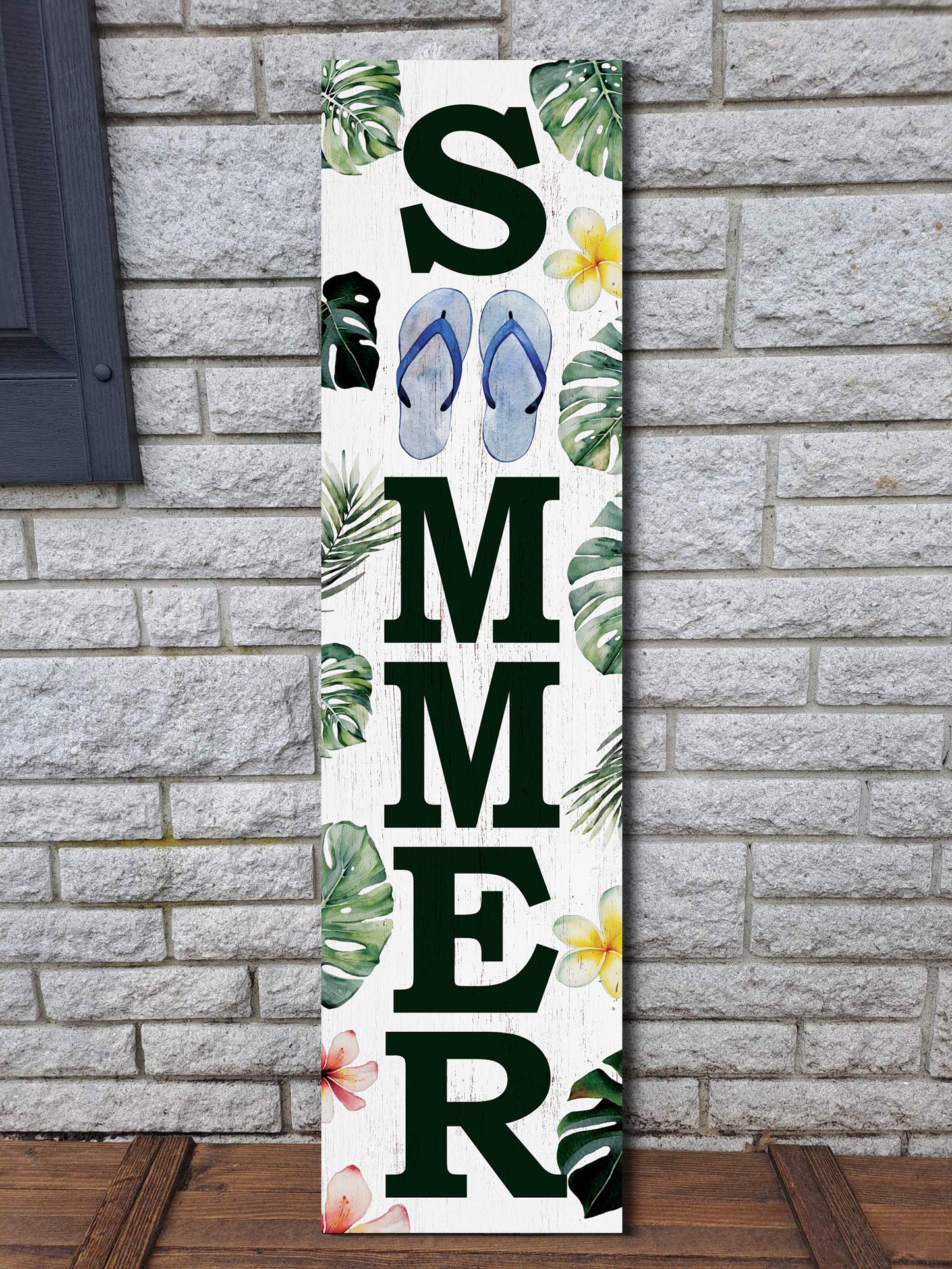 36in Tropical Summer Porch Sign with Palm Leaf & Slippers Pattern for Front Door, Wooden 36-inch Beach-Themed Entryway Decor