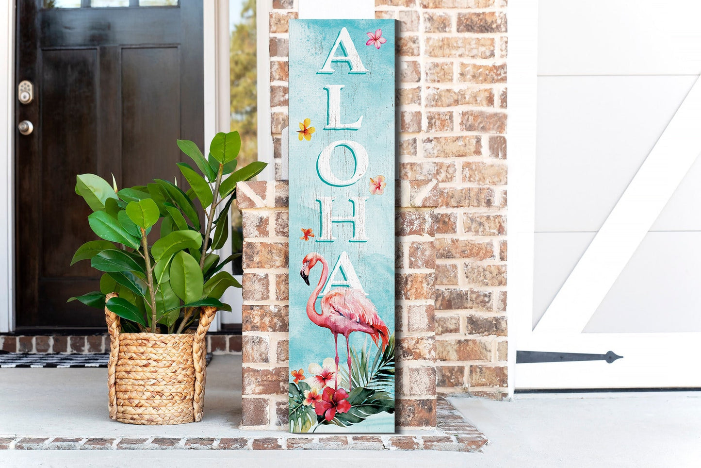 36in Aloha Welcome Porch Sign with Flamingo Pattern for Front Door, Tropical Summer Wall Decor, Outdoor Summer Beach Vibes Display