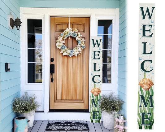 72in Outdoor Coastal "Welcome" Sign with Shell Pattern - Large Summer Front Door Porch Decor for Farmhouse Home Decorations