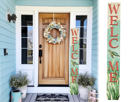72in Outdoor Welcome Sign with Turtle Design | Front Door Porch Decor | Coastal Summer Welcome Sign | Farmhouse Home Decorations
