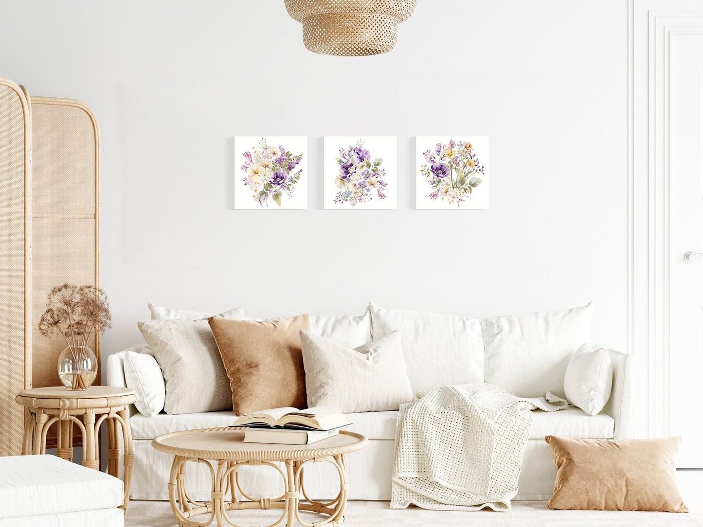 12in Spring Floral Paint Set of 3 - Watercolor Spring Flowers, Purple Watercolor Flowers Paint Wall Art