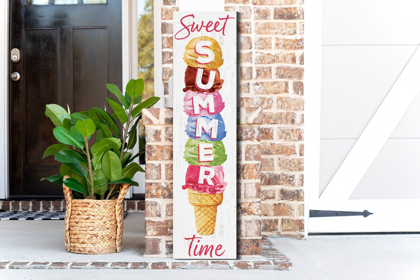 36in Sweet Summer Time Ice Cream Porch Sign - Wooden Front Door Wall Decor for Home - Fun & Colorful Seasonal Design