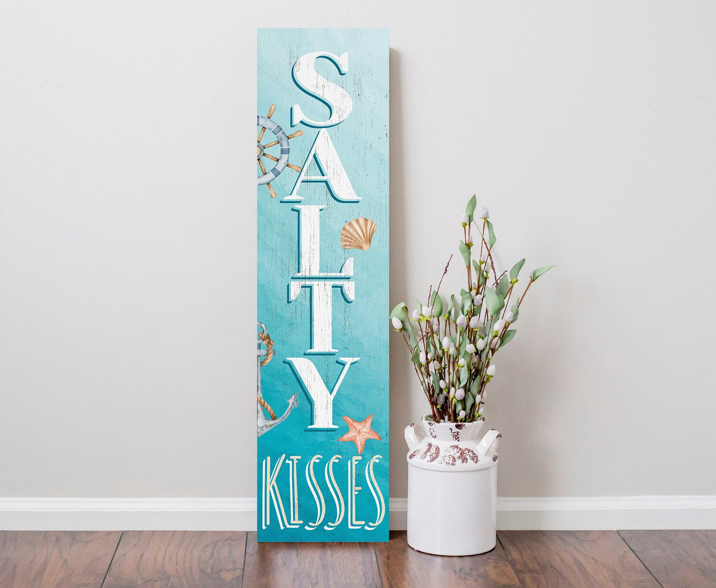 36in Salty Kisses Porch Sign for Front Door - Tropical Wooden Wall Decor, Outdoor Summer Beach Inspired Display