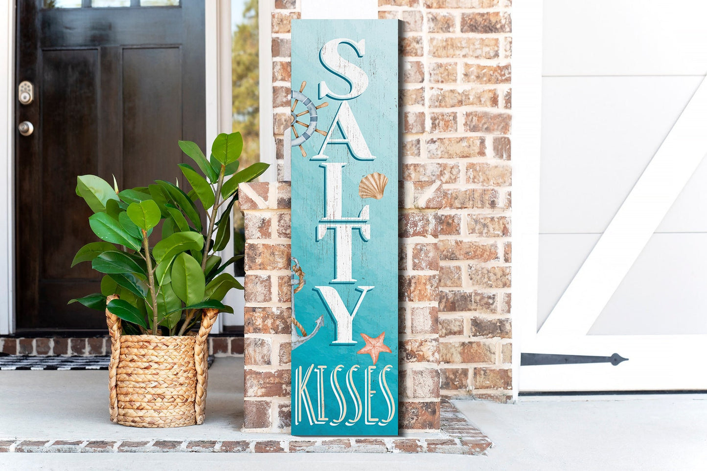 36in Salty Kisses Porch Sign for Front Door - Tropical Wooden Wall Decor, Outdoor Summer Beach Inspired Display