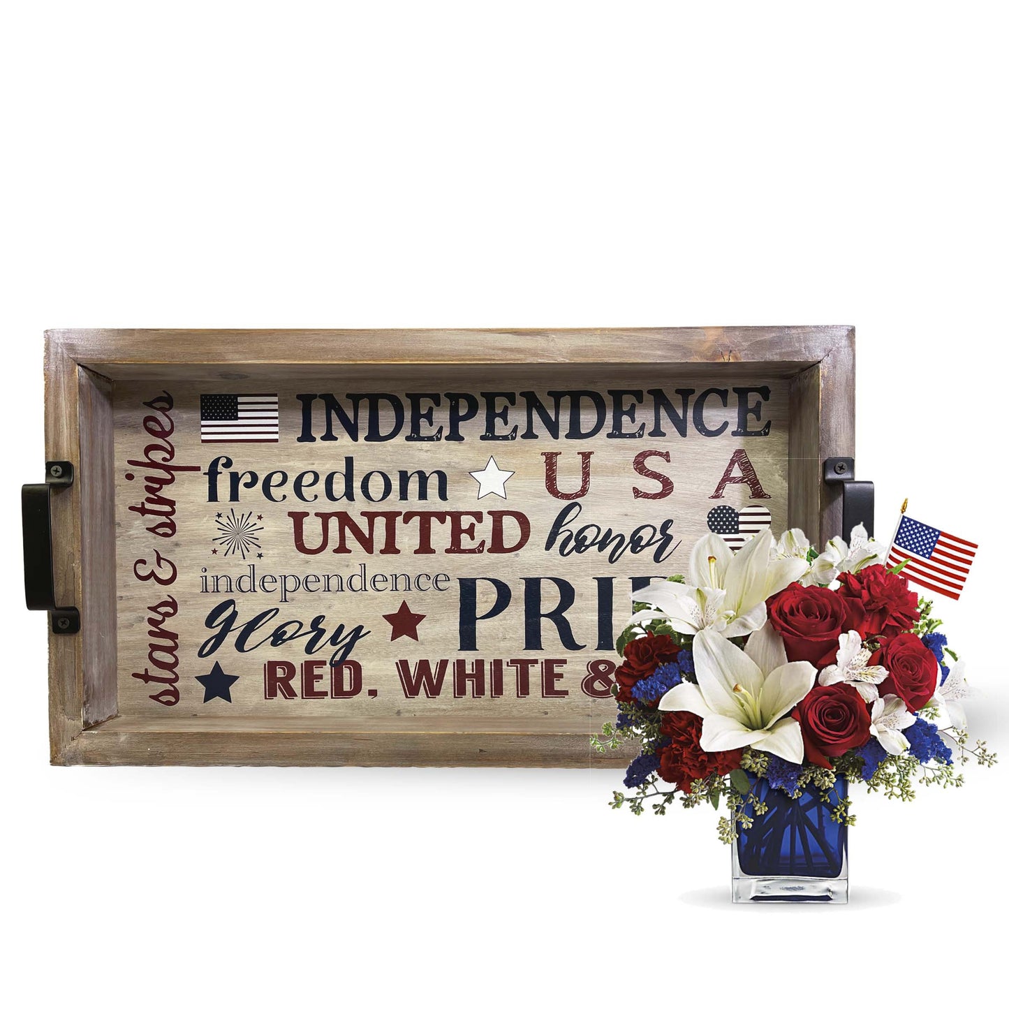 Pride Wood Serving Tray, Rustic Americana Wooden Trays for Kitchen, Dining Room, or Living Room, 4th of July Platter