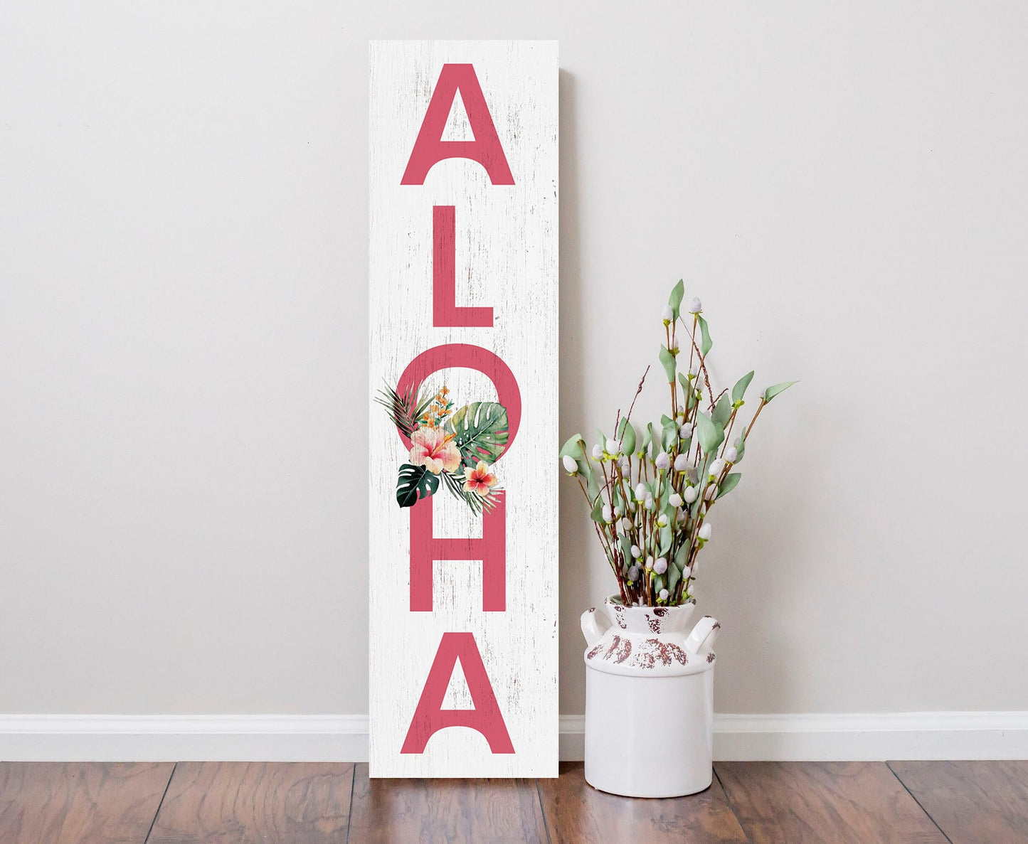 36in Aloha Porch Sign with Tropical Floral Pattern for Front Door - Summer Welcome Sign, Charming Front Porch Decor, Home Decor Wood Sign
