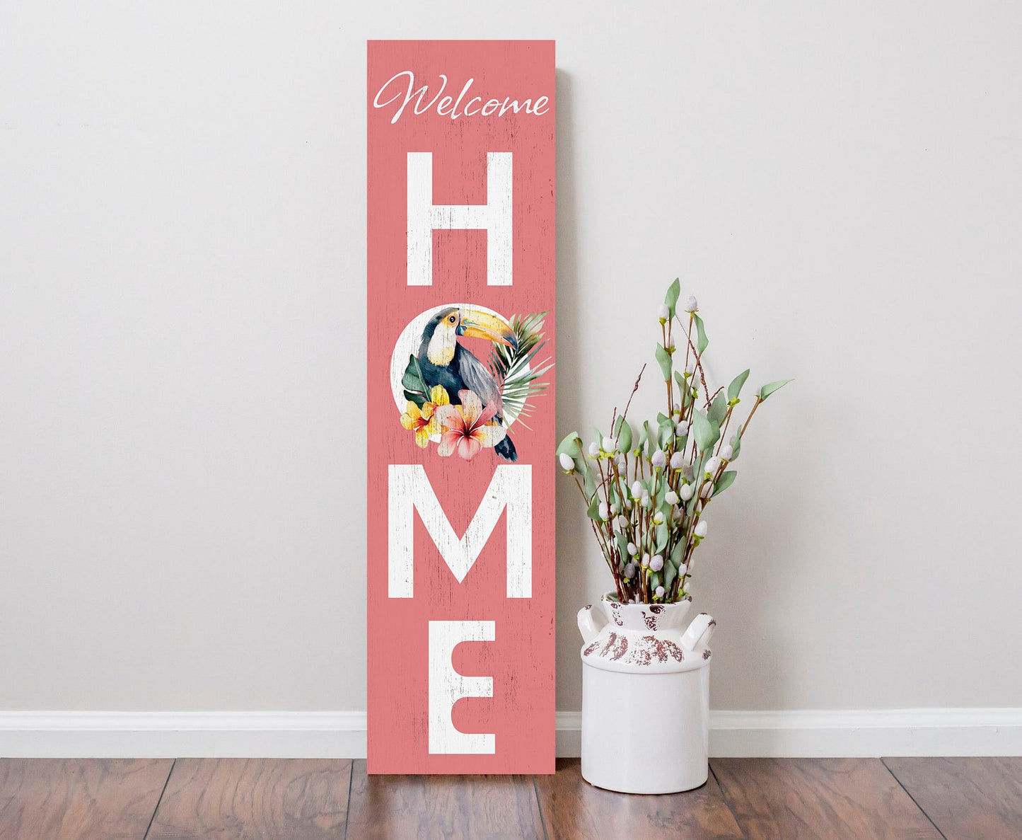 36in Welcome Home Porch Sign with Ramphastidae Pattern - Front Door Tropical Wooden Wall Decor, Outdoor Summer Jungle Vibes Display