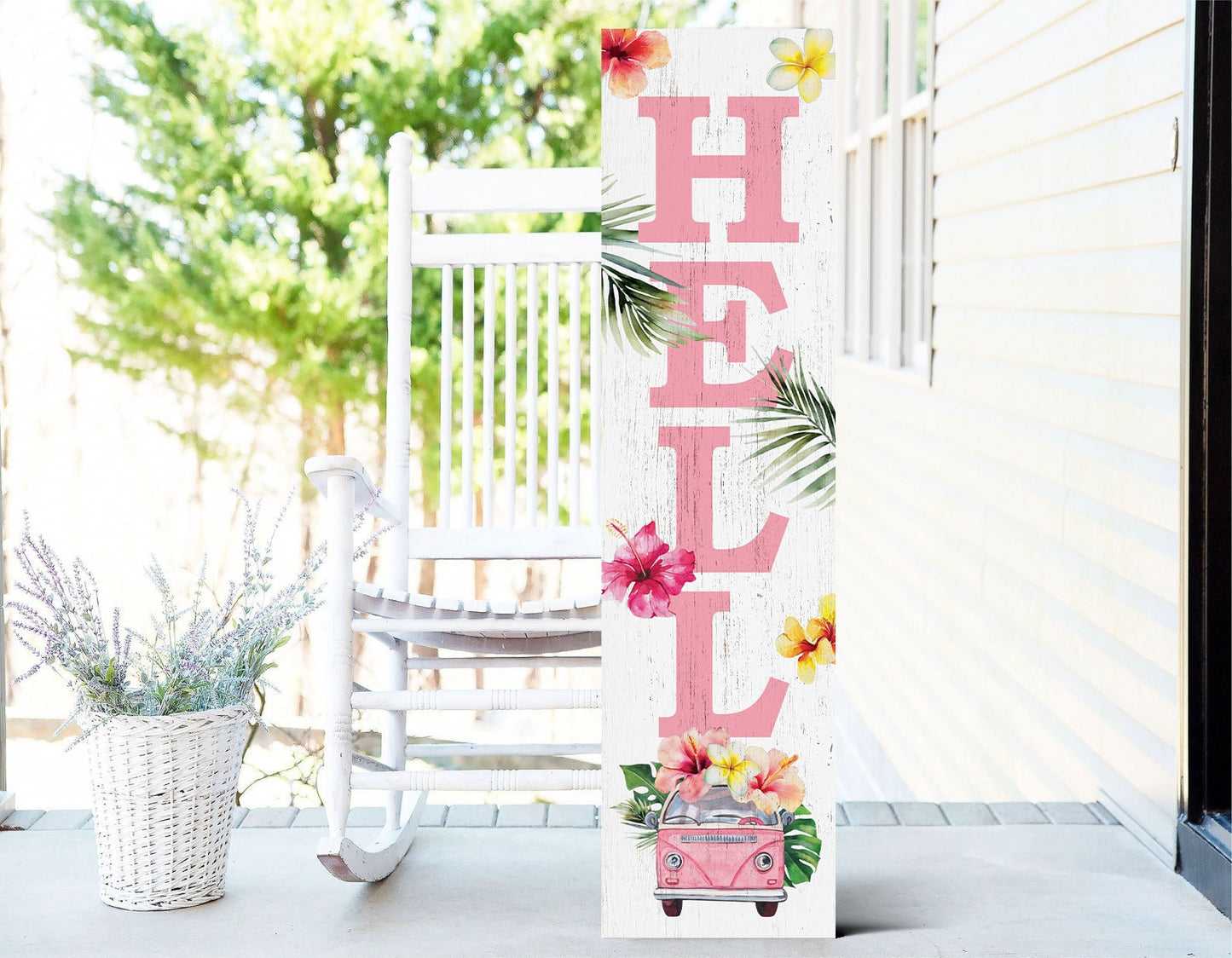 36in Tropical Hello Porch Sign with Floral Bus Pattern for Front Door, Wooden 36-inch Summer Welcome Display, Front Porch Decor