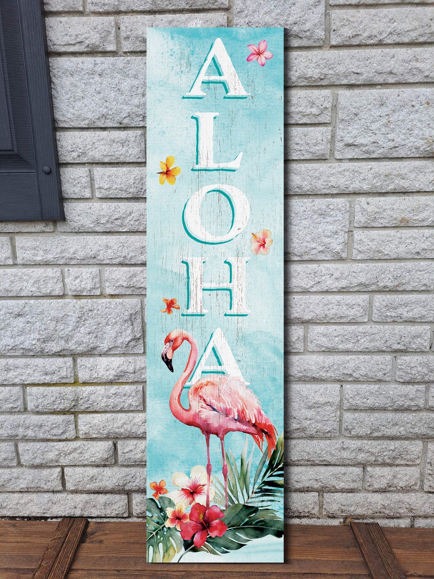 36in Aloha Welcome Porch Sign with Flamingo Pattern for Front Door, Tropical Summer Wall Decor, Outdoor Summer Beach Vibes Display
